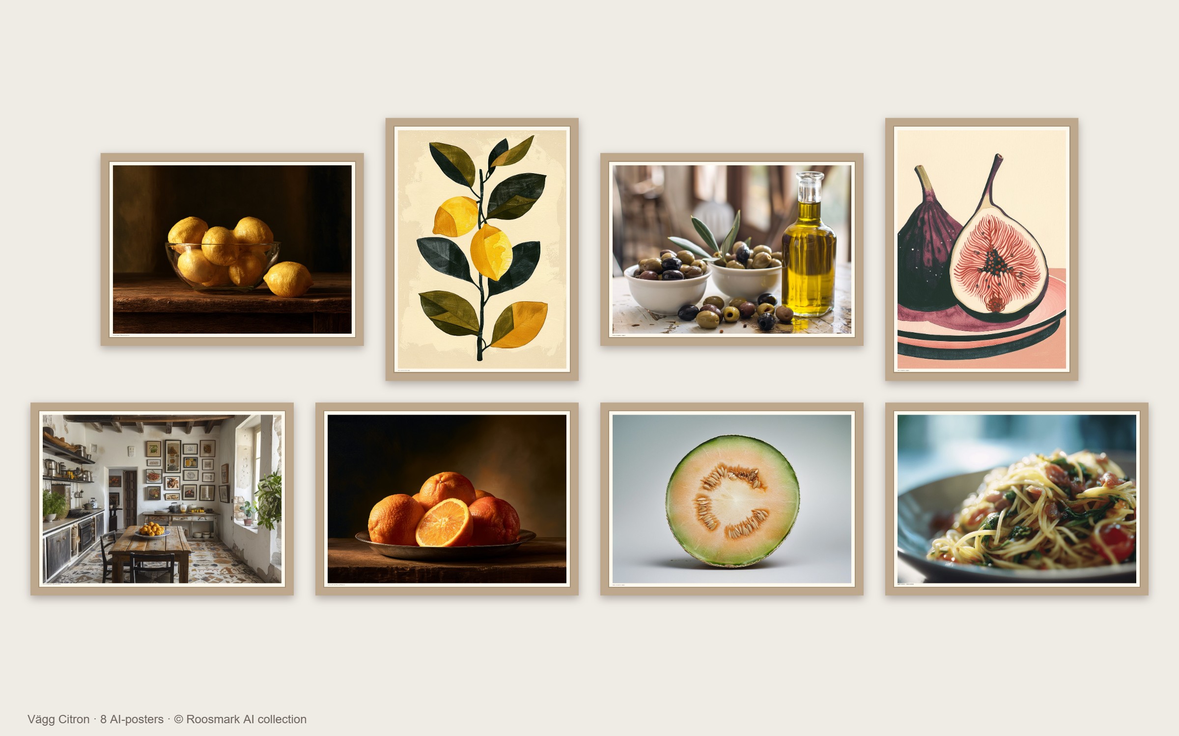 Vägg Citron, tavelvägg med åtta AI-posters från Roosmark AI collection